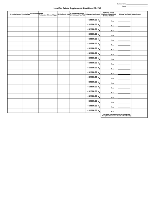 Fillable Form Et 179b Local Tax Rebate Supplemental Sheet Printable 