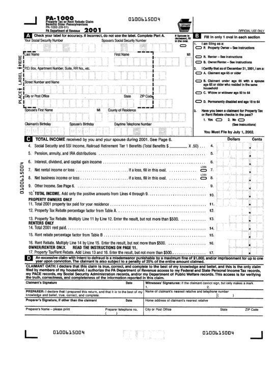Form Pa 1000 Property Tax Or Rent Rebate Claim Benefits Older Form Pa 1000 Property Tax Or Rent Rebate Claim Benefits Older